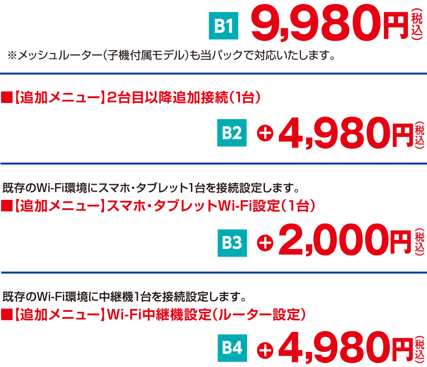9,980円（税込）、2台目以降追加接続（1台）4,980円（税込）、スマホ・タブレットWi-Fi設定（1台）2,000円（税込）、Wi-Fi中継機設定（ルーター設定）4,980円（税込）